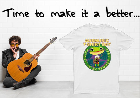 Etiko banner for Australia Music T-Shirt Day with a man sitting with a guitar and a band merch t-shirt which can be etiko fairtrade