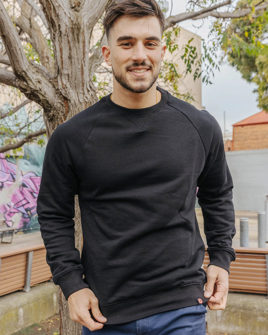 Etiko black organic cotton crew neck top with long sleeves, ethically made, certified organic