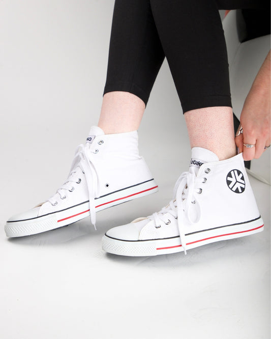 Etiko Vegan High Top White Stripe Sneakers Organic and Fairtrade Certified Ethical Sneakers