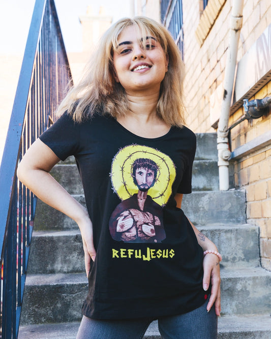 Etiko Fairtrade Certified Organic Cotton Refujesus Printed Black Womens T-Shirt