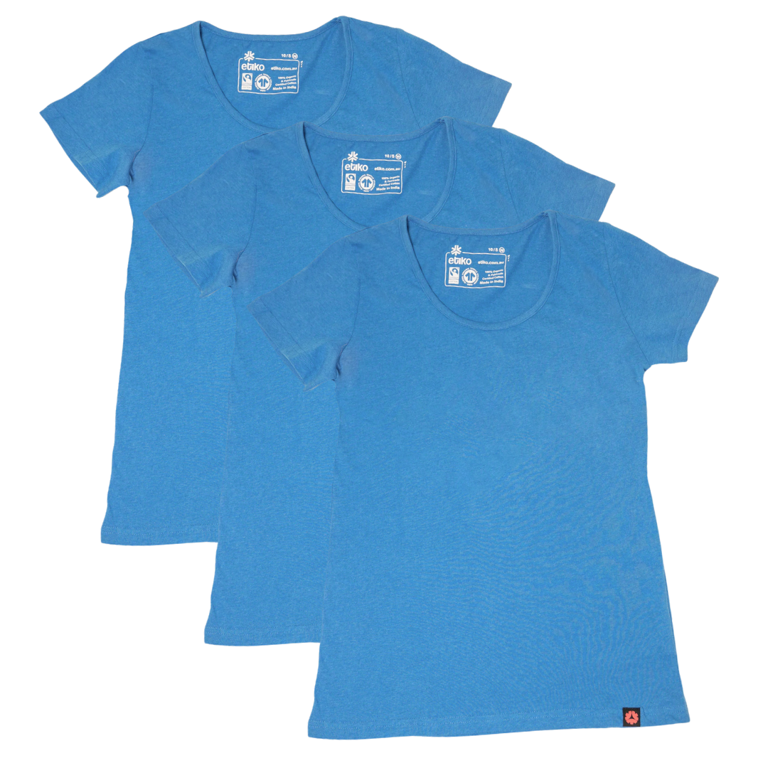Etiko Fairtrade Certified Organic Cotton Blue Marle Womens Round Neck T-Shirt Bundle, Eco-Friendly