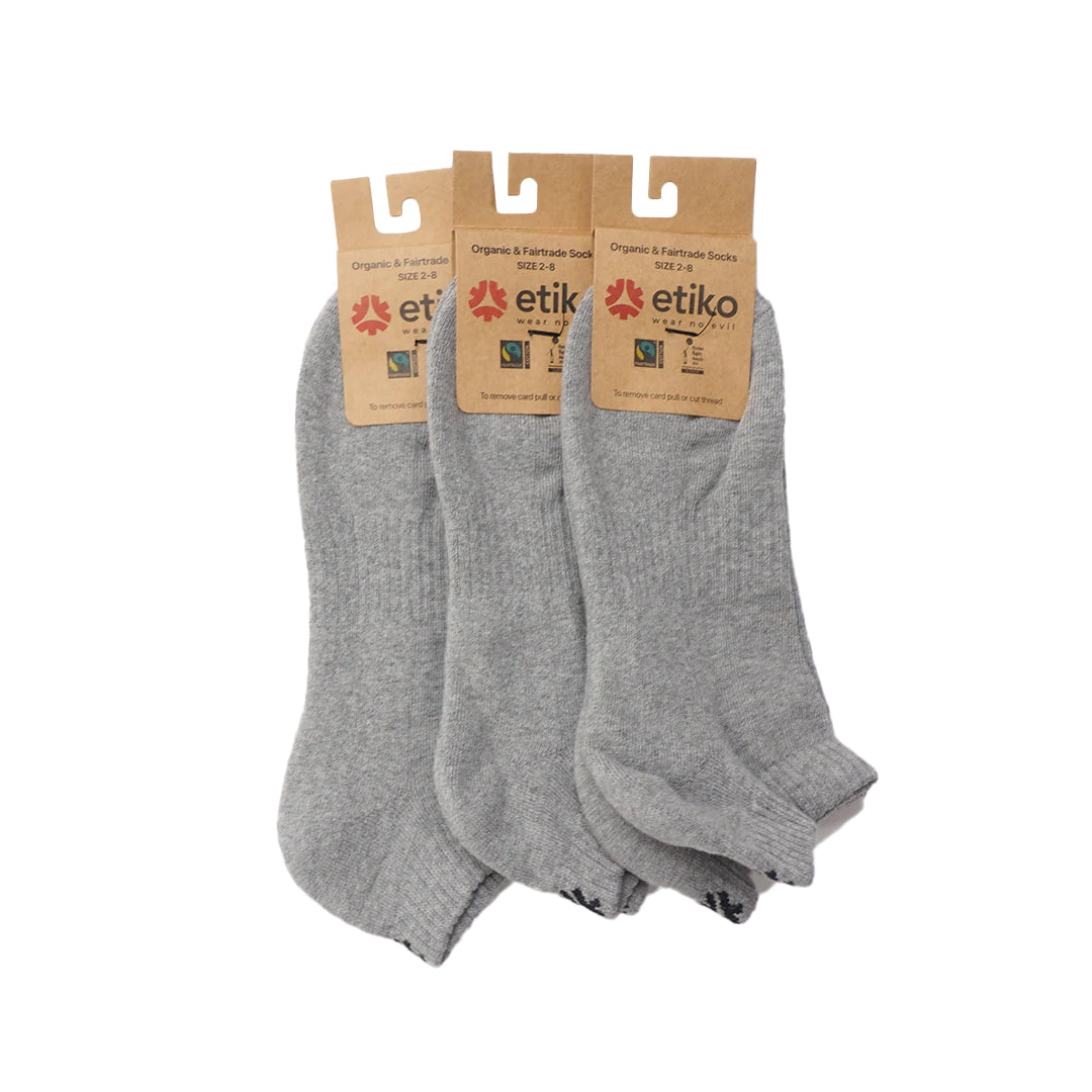 Etiko's ethical grey ankle socks, ethically made with organic fairtrade cotton.