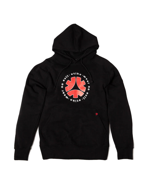 Etiko long sleeve black and red wear no evil print fairtrade organic cotton unisex pullover hoodie