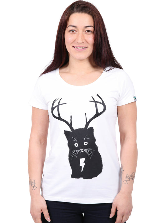Etiko Fairtrade Certified Organic Cotton Cat Printed White Womens T-Shirt