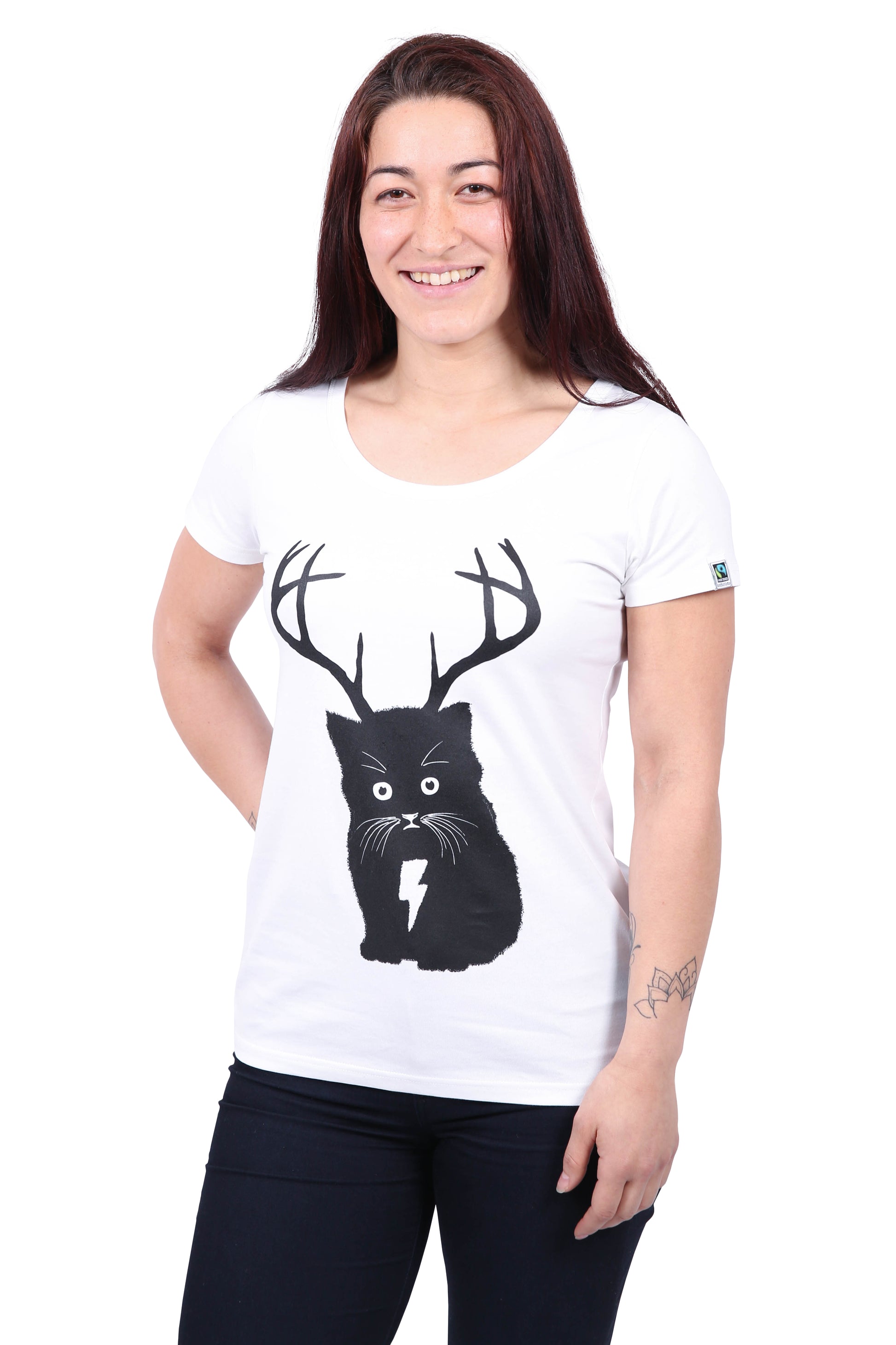 Etiko Fairtrade Certified Organic Cotton Cat Printed White Womens T-Shirt
