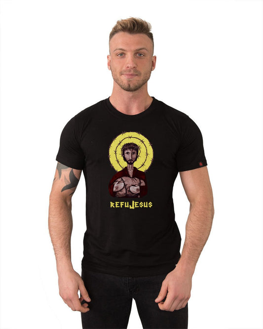 Etiko Fairtrade Certified Organic Cotton Refujesus Printed Black Unisex T-Shirt