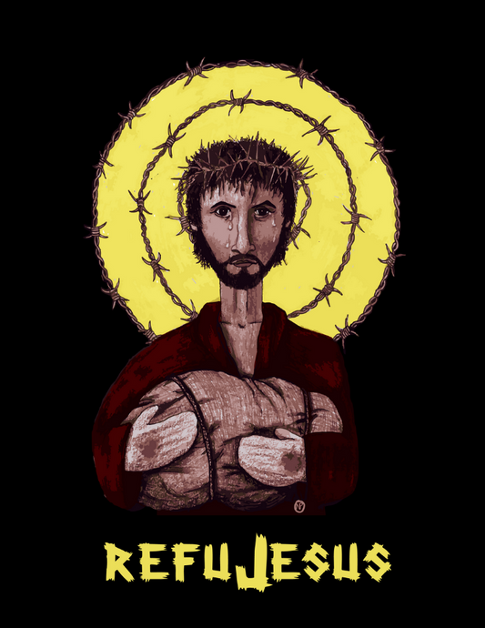 Etiko Fairtrade Certified Organic Cotton Refujesus Printed Black Unisex T-Shirt