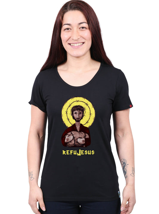 Etiko Fairtrade Certified Organic Cotton Refujesus Printed Black Womens T-Shirt