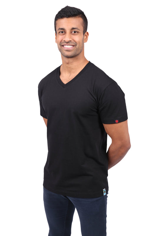 Etiko Fairtrade Certified Organic Cotton Black Unisex V-Neck T-Shirt, Ethically-made, Eco-Friendly
