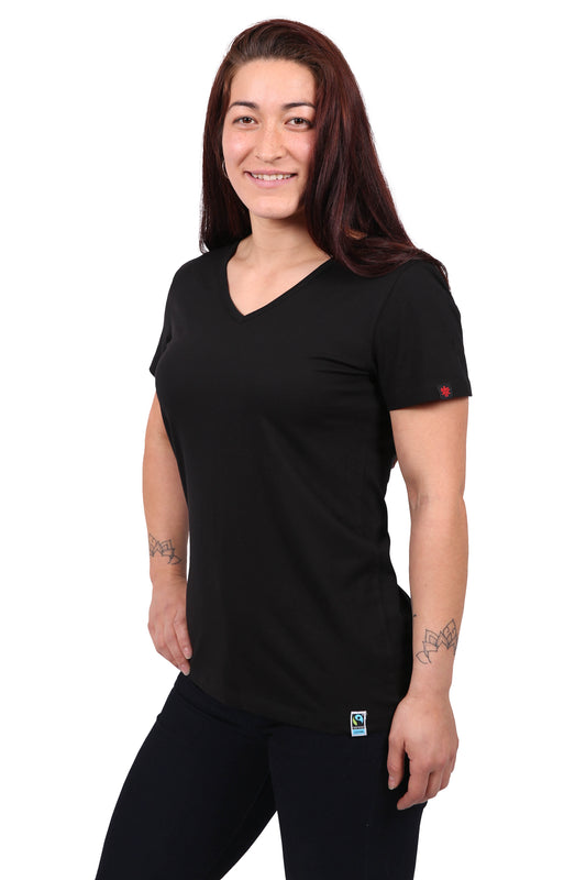 Etiko Fairtrade Certified Organic Cotton Black Womens V-Neck T-Shirt, Eco-Friendly