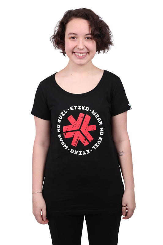 Etiko Fairtrade Certified Organic Cotton Wear No Evil 1.0 Printed Black Womens T-Shirt
