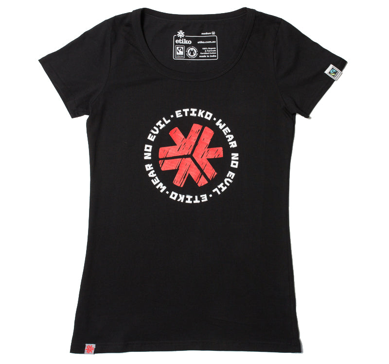 Etiko Fairtrade Certified Organic Cotton Wear No Evil 1.0 Printed Black Womens T-Shirt