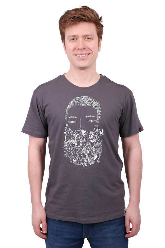 Etiko Fairtrade Certified Organic Cotton Zoo Beard Printed Charcoal Unisex T-Shirt