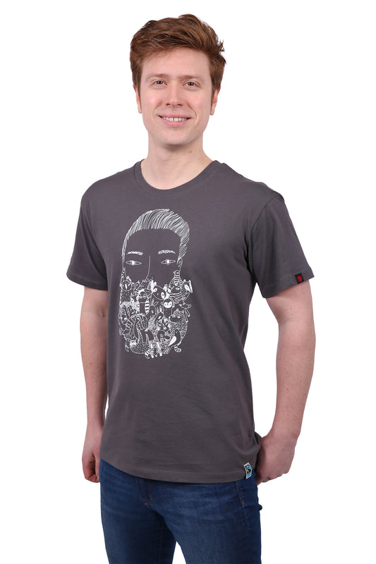 Etiko Fairtrade Certified Organic Cotton Zoo Beard Printed Charcoal Unisex T-Shirt