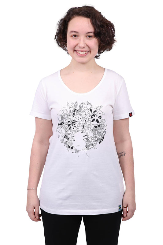 Etiko Fairtrade Certified Organic Cotton Zoo Hair Printed White Womens T-Shirt