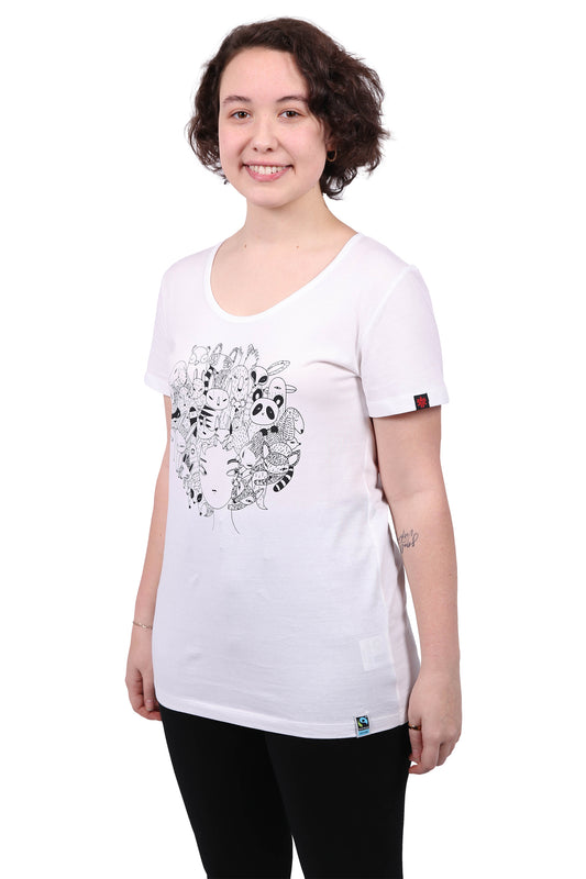 Etiko Fairtrade Certified Organic Cotton Zoo Hair Printed White Womens T-Shirt