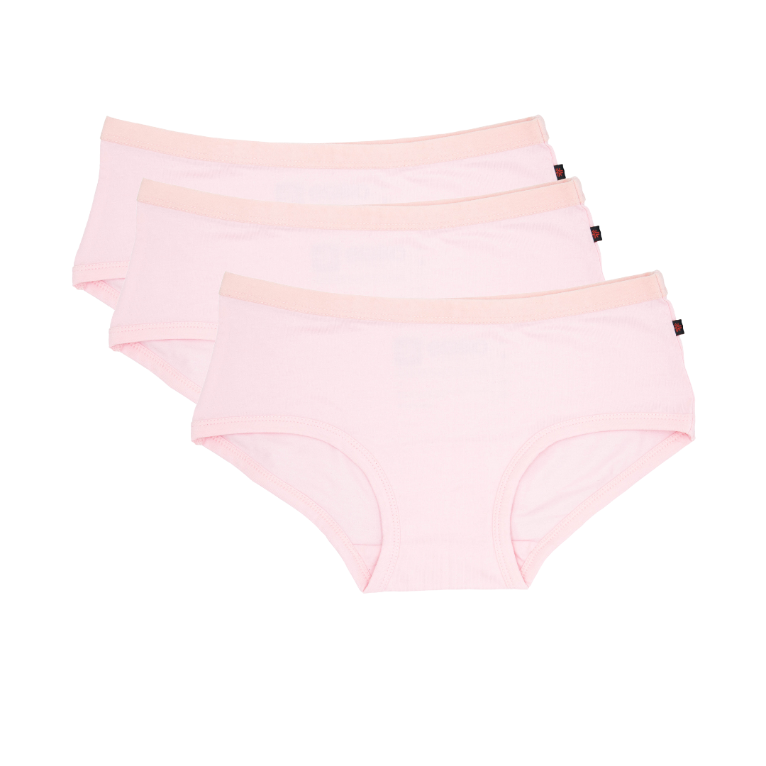 Soft or light pink boyleg/boyfit underwear, fairtrade certified organic cotton, pack of three 