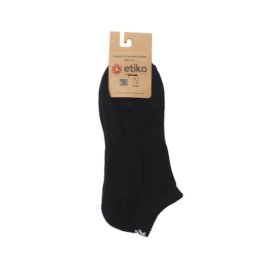 Etiko's light, breathable, ethical, black coloured organic and fairtrade ankle socks