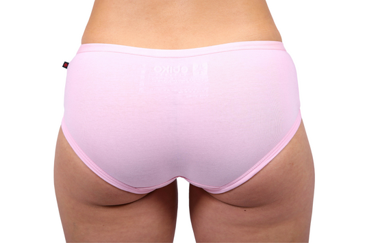 Soft or light pink boyleg/boyfit underwear, ethically made with fairtrade certified organic cotton.
