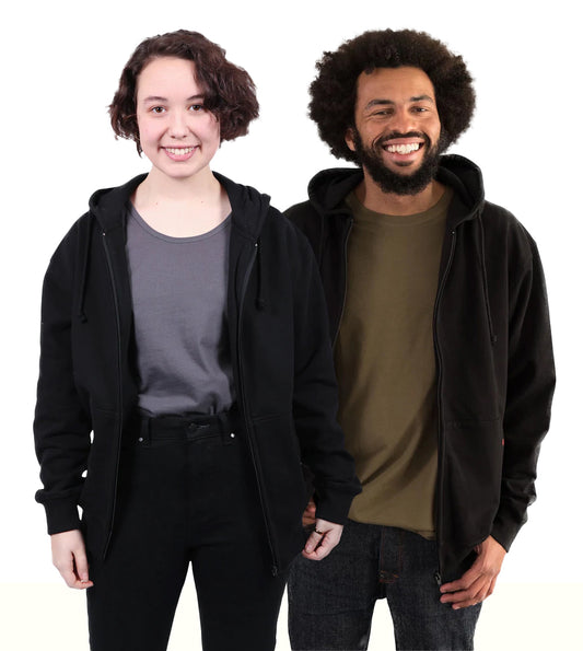 Etiko black unisex hoodie made from organic cotton with a zip opening at front