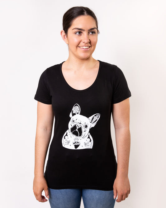 Etiko Fairtrade Certified Organic Cotton Frenchie Printed Black Womens T-Shirt
