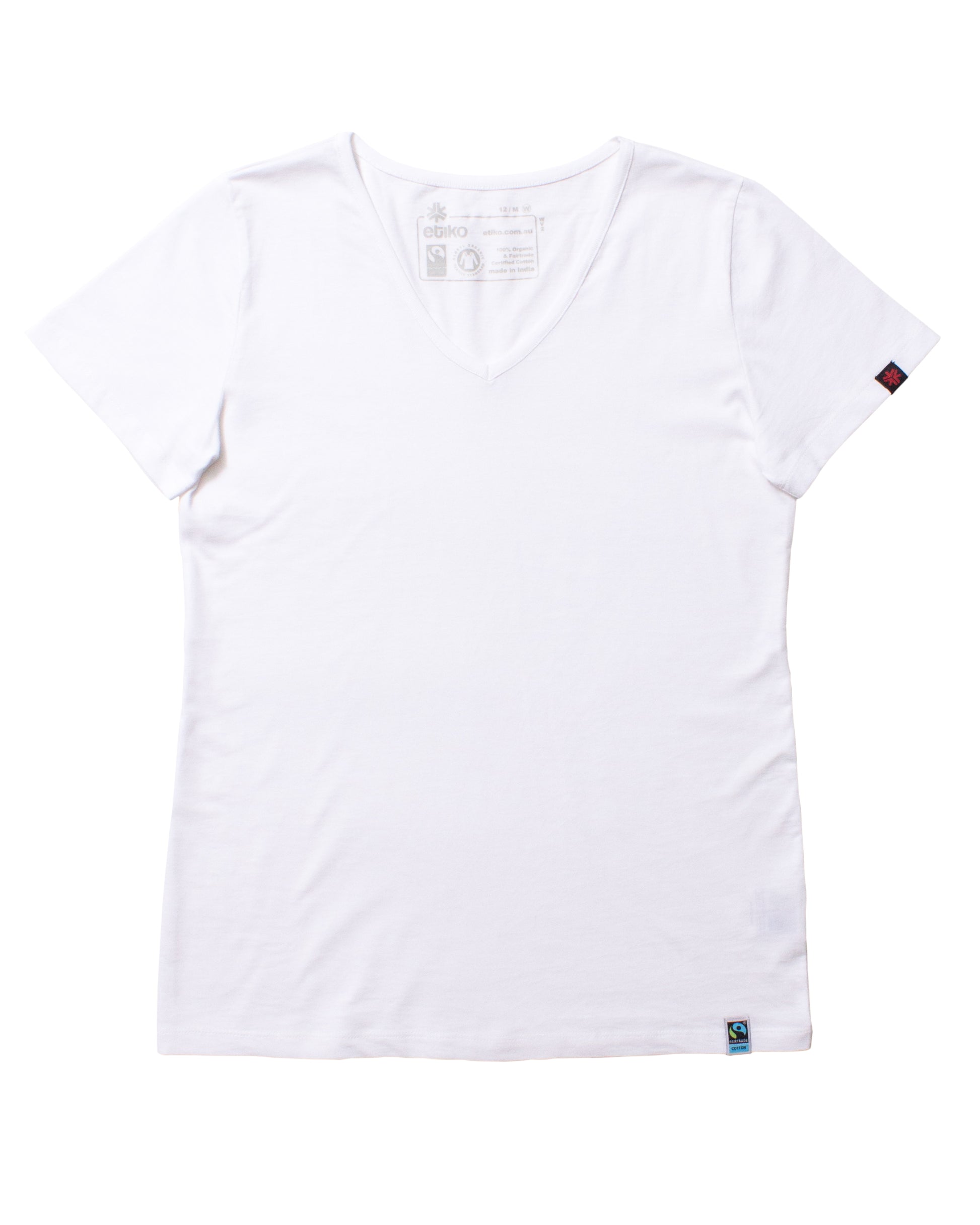 Etiko Fairtrade Certified Organic Cotton White Womens V-Neck T-Shirt, Eco-Friendly